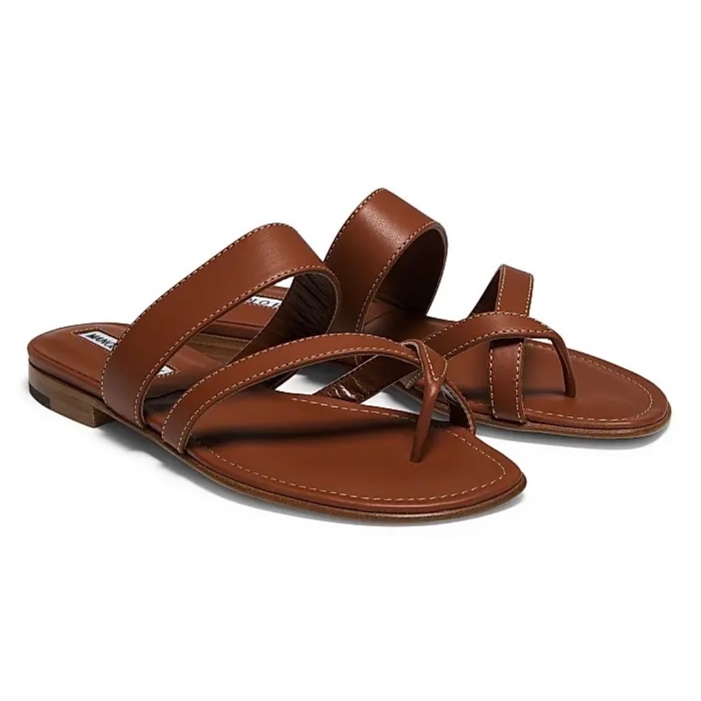 Manolo Blahnik Brown Nappy Leather Flat Sandals 39.5 worn once
